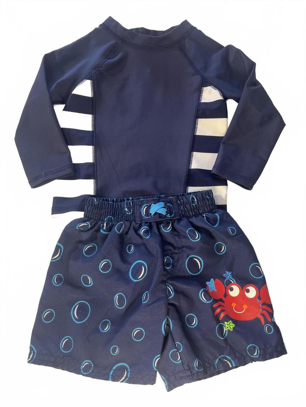 Boys 2-Piece Rash Guard Swim Set 6-9M Striped Navy Crab Circo & Heathtex